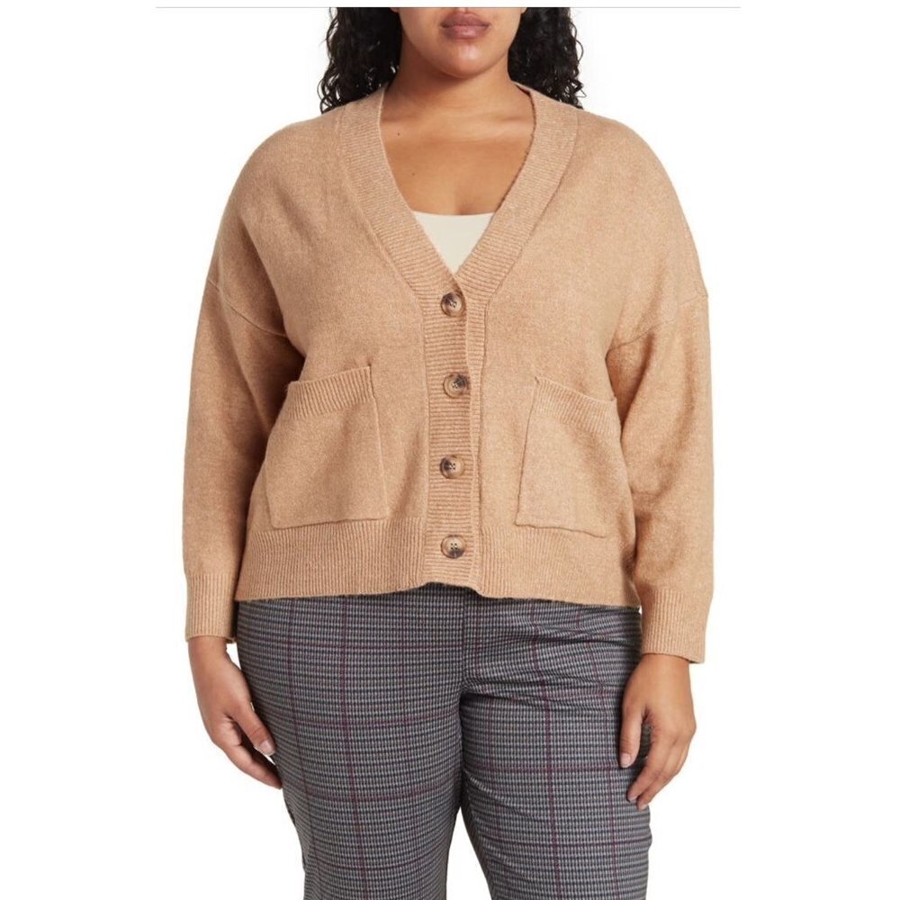 Sanctuary Womens Tan Button Front Pockets Knit Cardigan Sweater Plus Sz 2X New